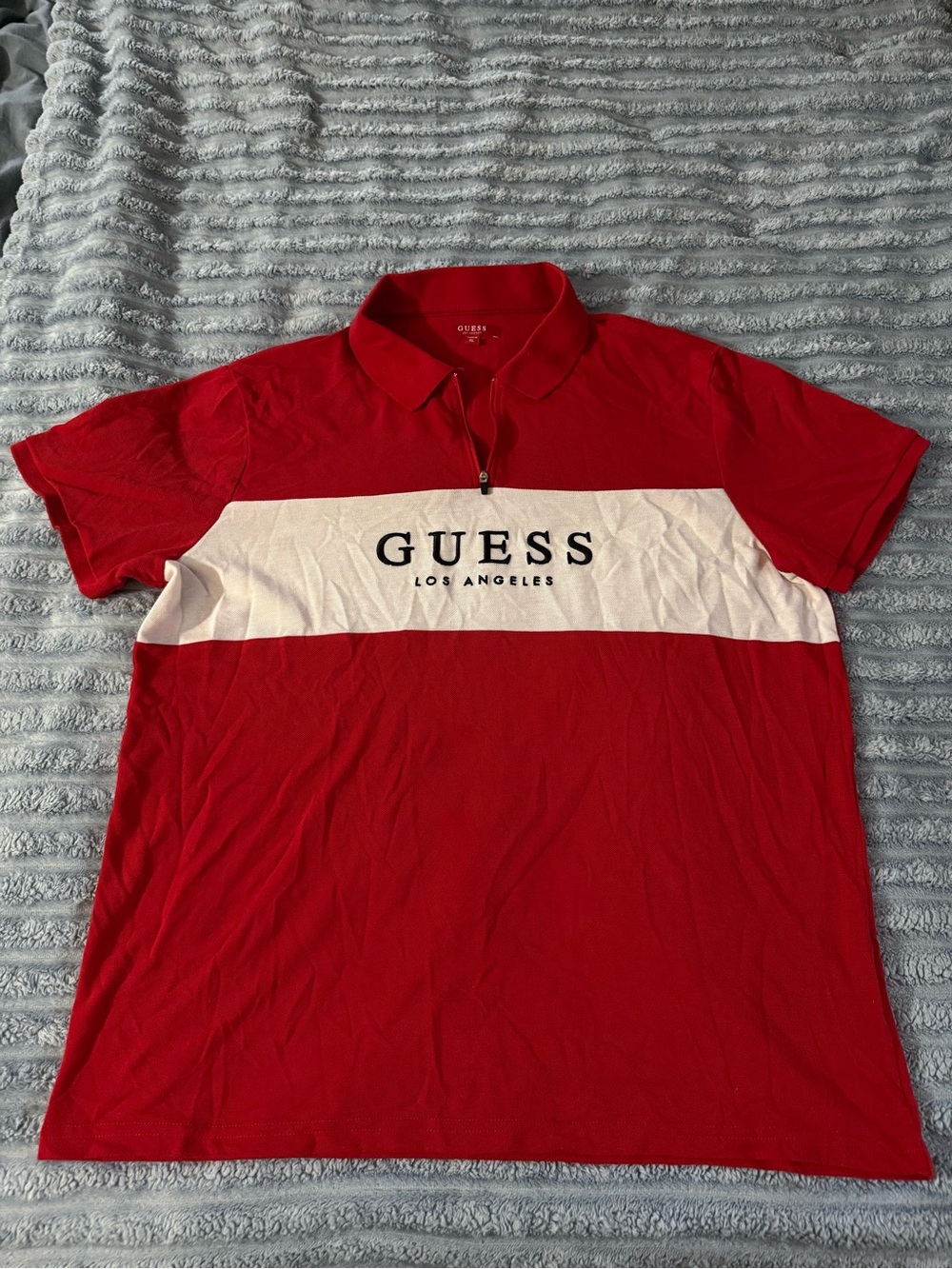 Guess Los Angeles Men's Colorblock Zip-Up Polo - Red & White